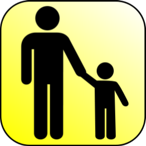 a graphic of an adult holding a child's hand. Yellow background black figures